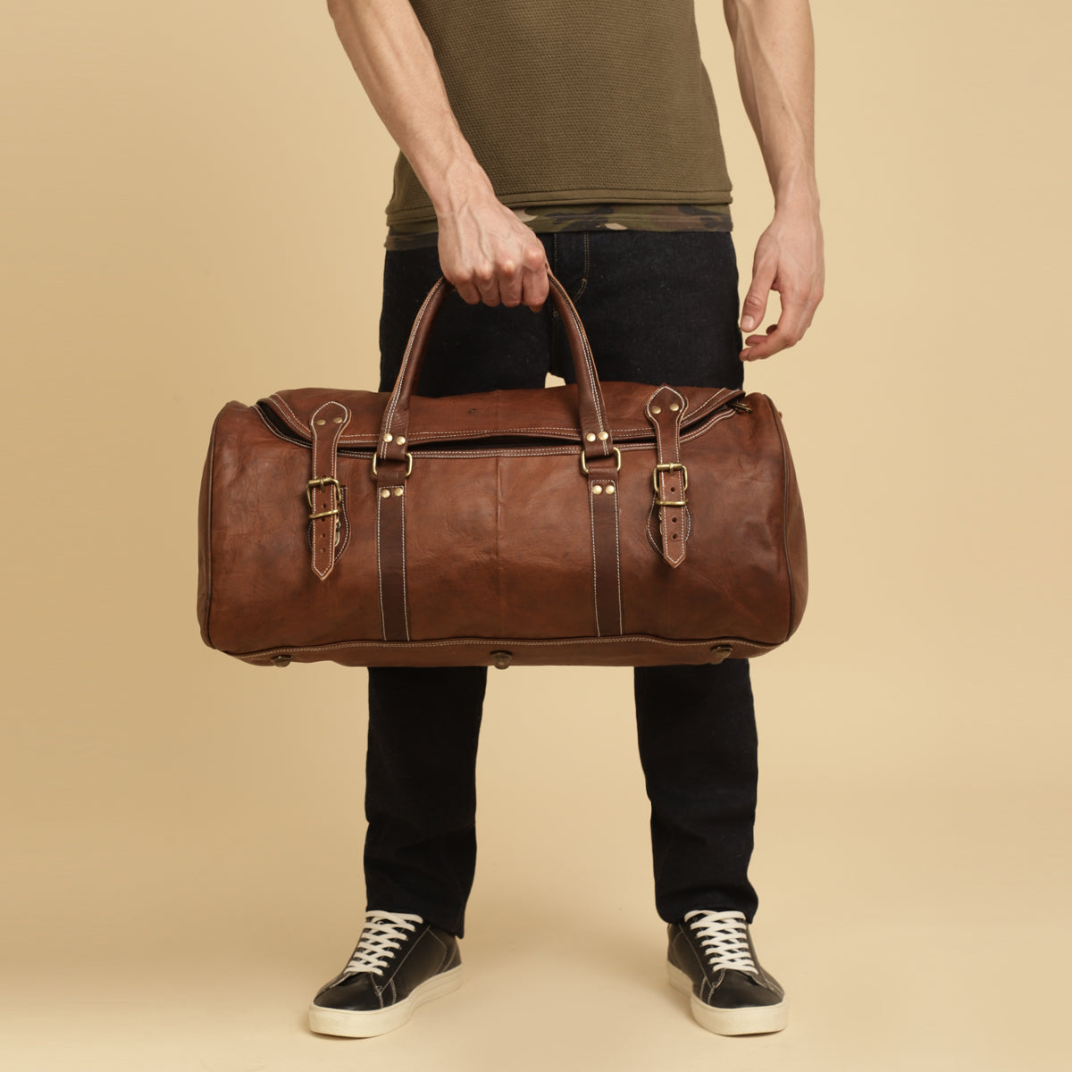 Rugged Leather Multi-Pocket Travel Duffel Bag