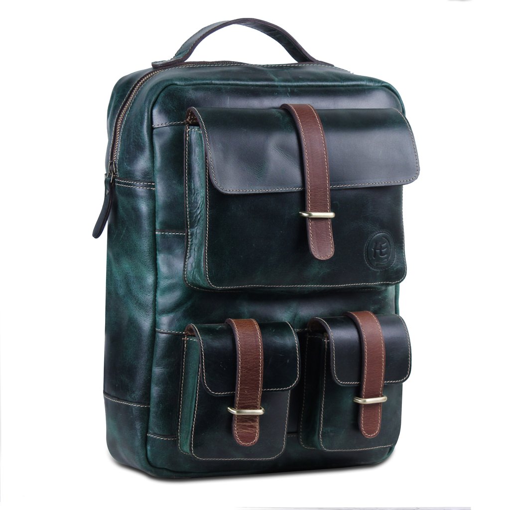 dark green leather backpack