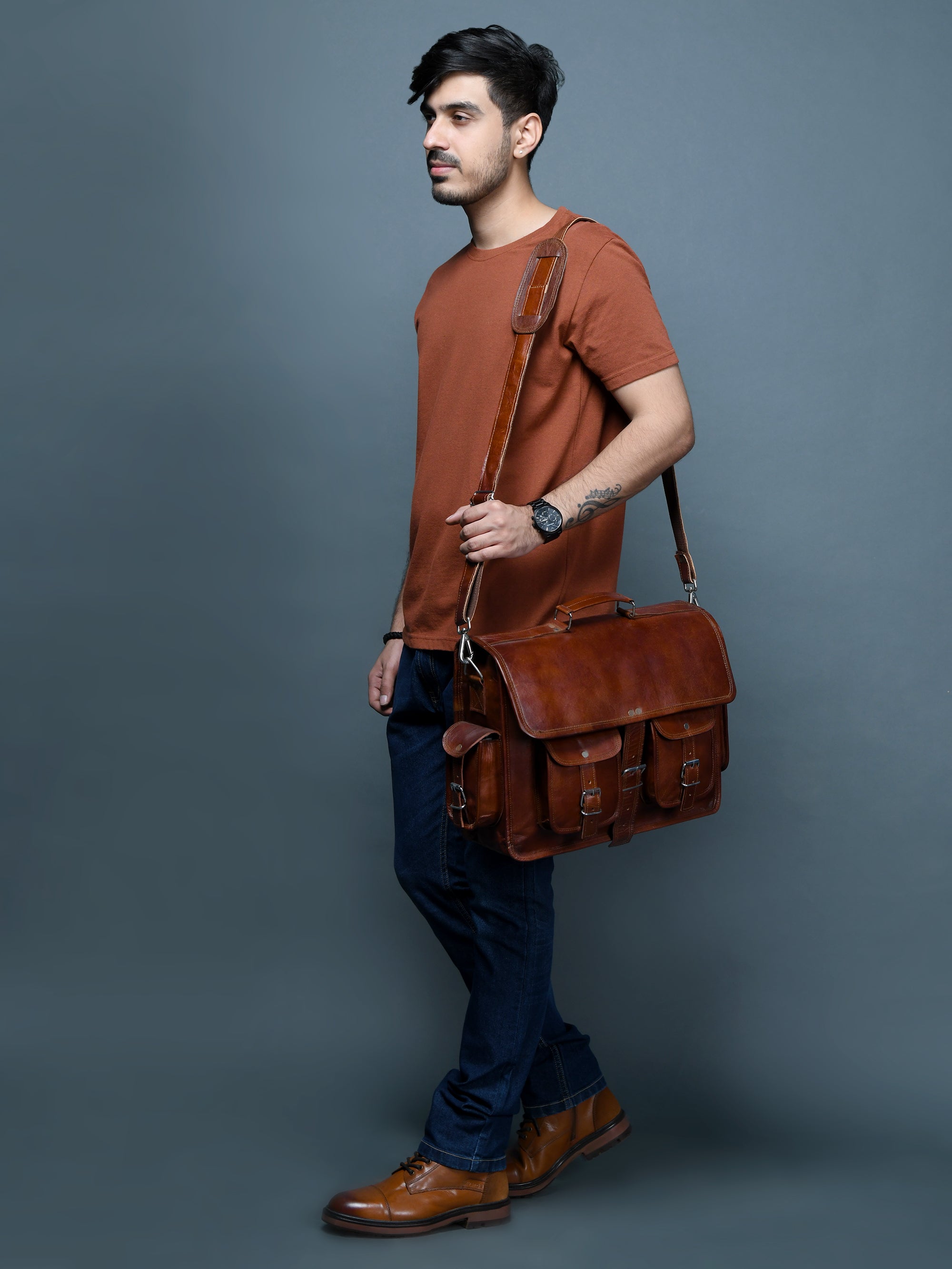 Classic Brown Leather Multi-Pocket Messenger Bag