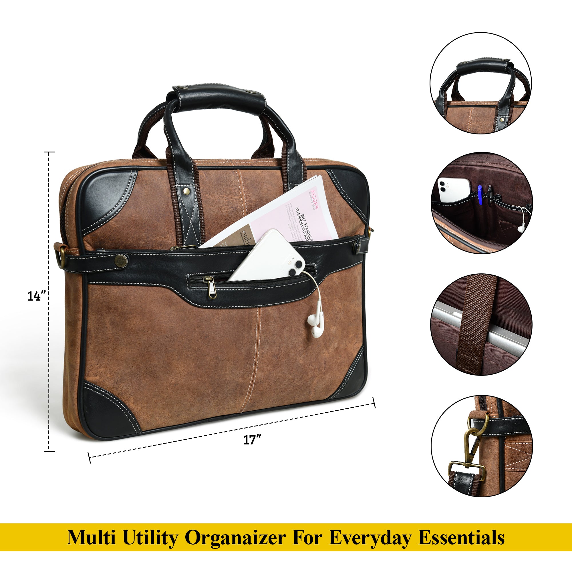 Two-Tone Brown & Black Leather Professional Briefcase