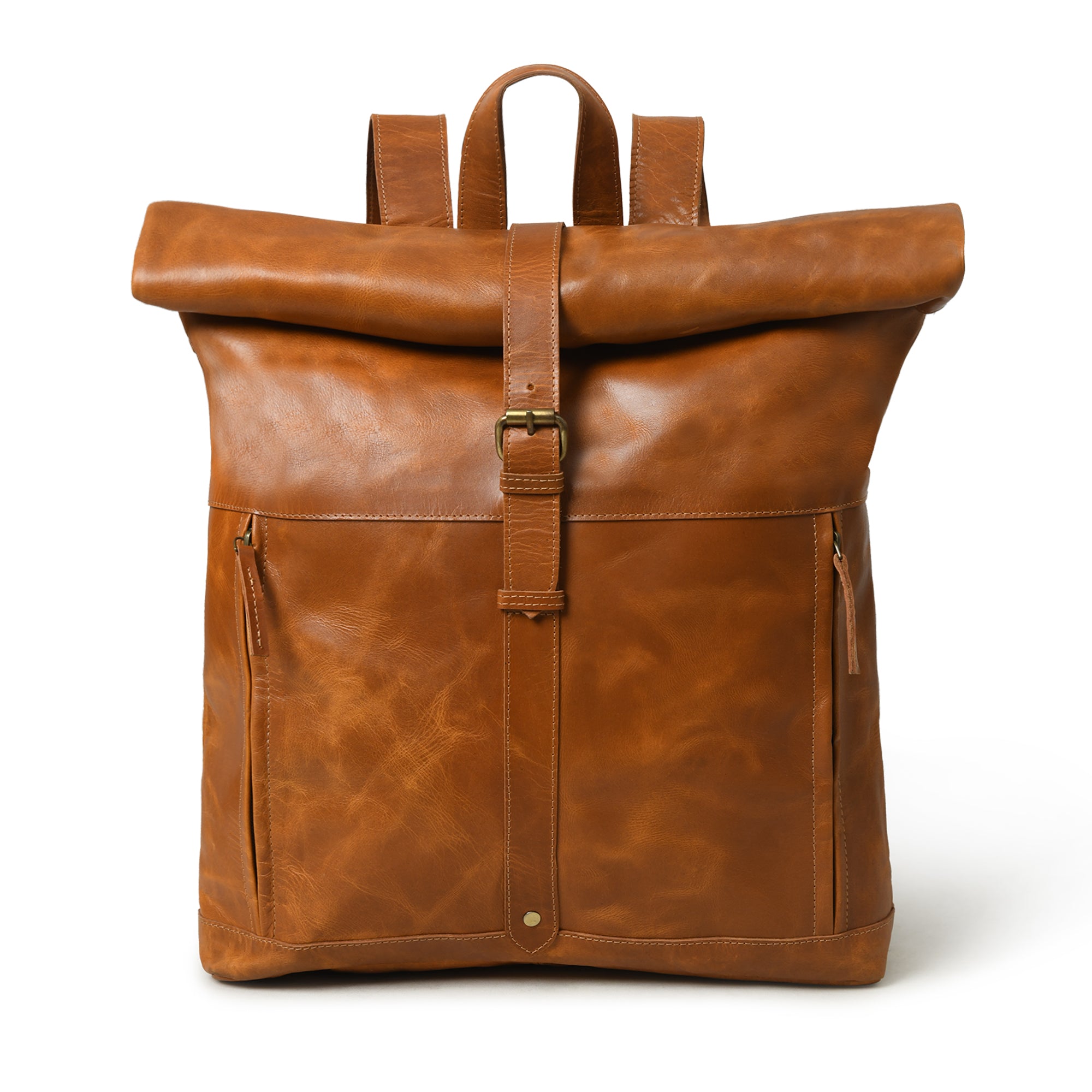 Tan Roll‑Top Leather Backpack