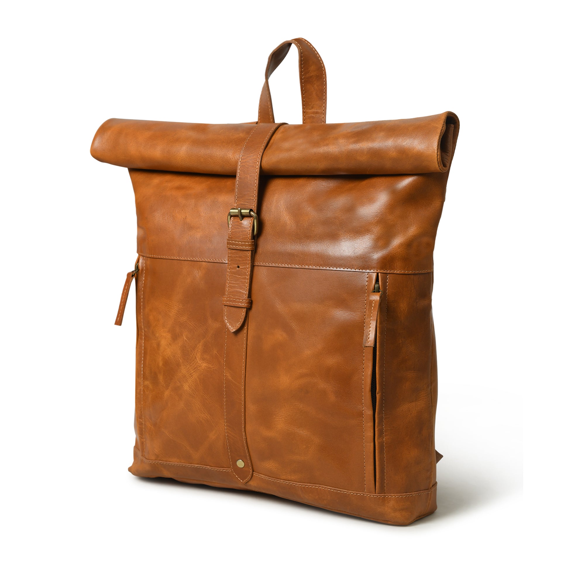 Tan Roll‑Top Leather Backpack