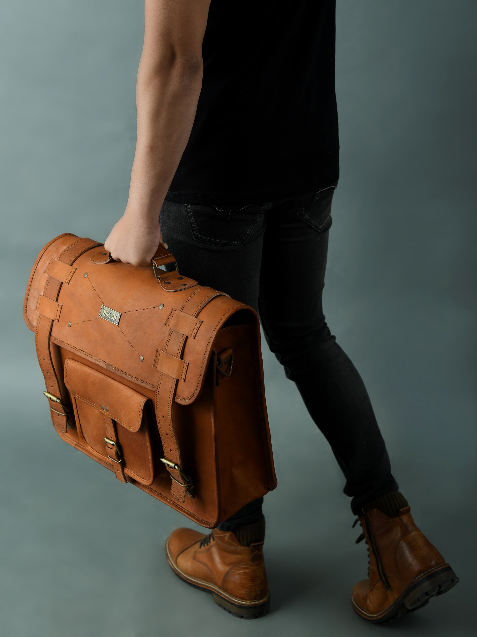 FDM Tan Leather Flap Briefcase