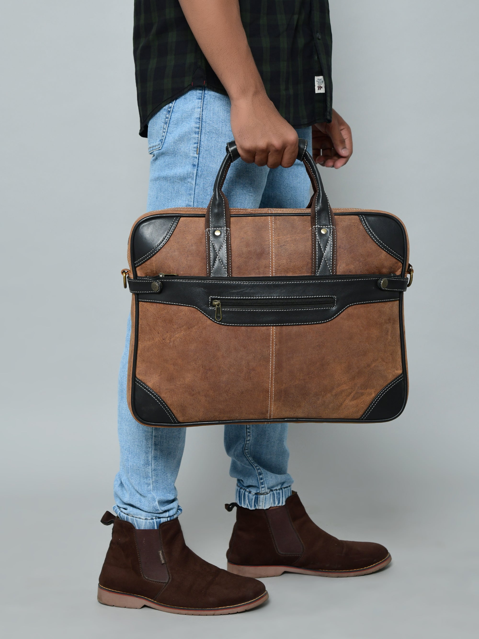 Two-Tone Brown & Black Leather Professional Briefcase
