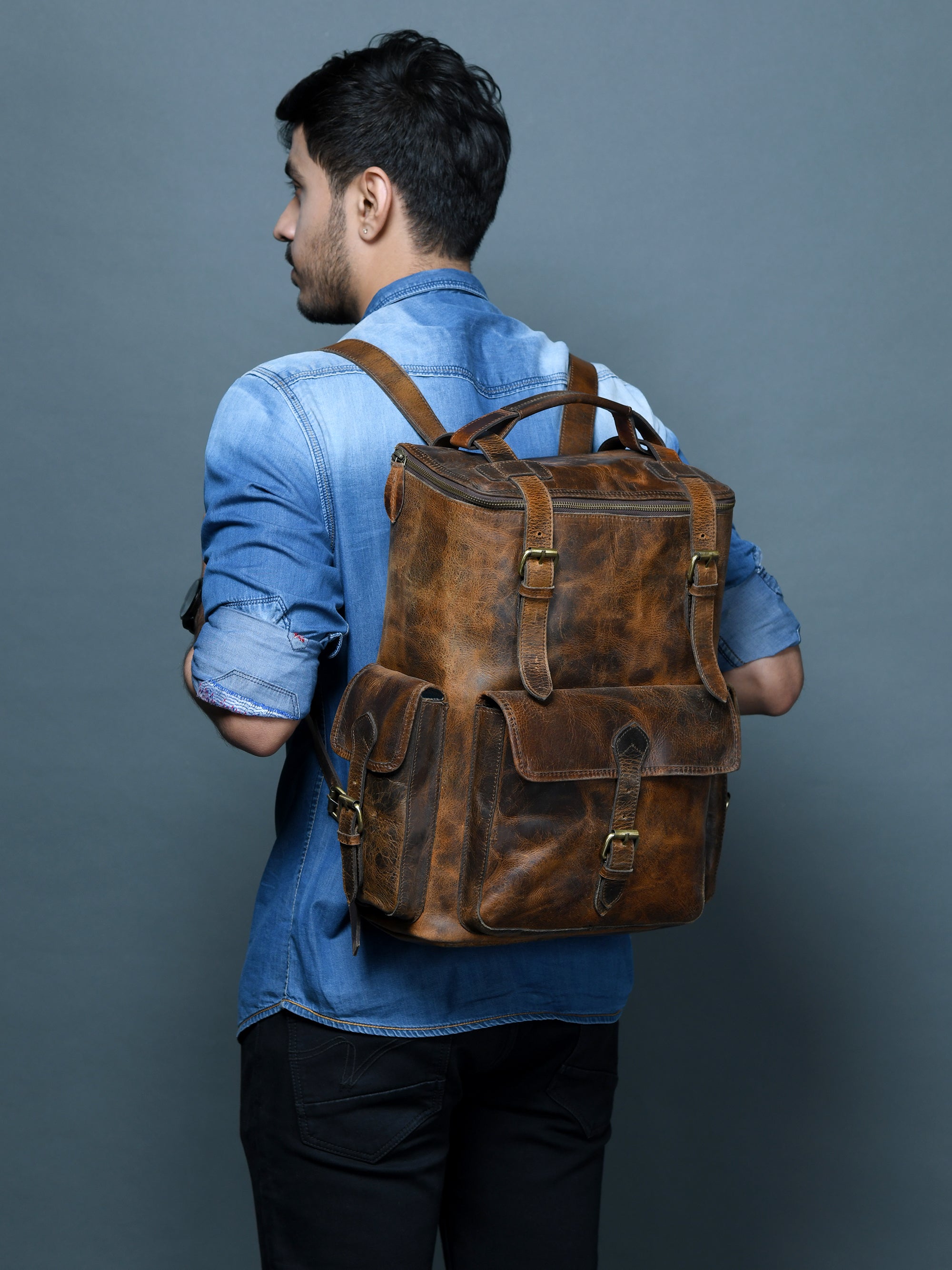 Solar Flare Brown Distressed Leather Backpack