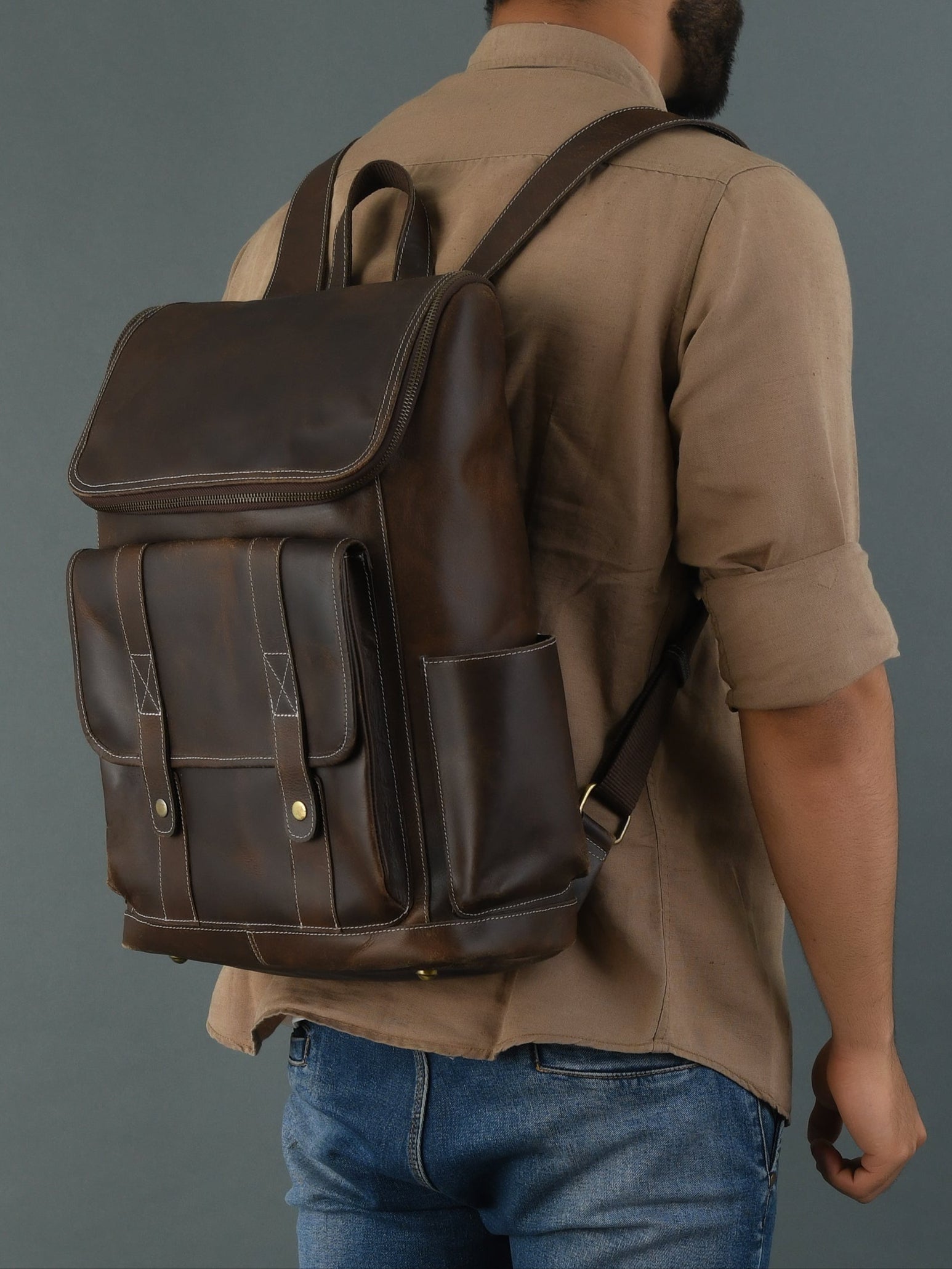 Vintage‑Style Full‑Grain Brown Leather Backpack