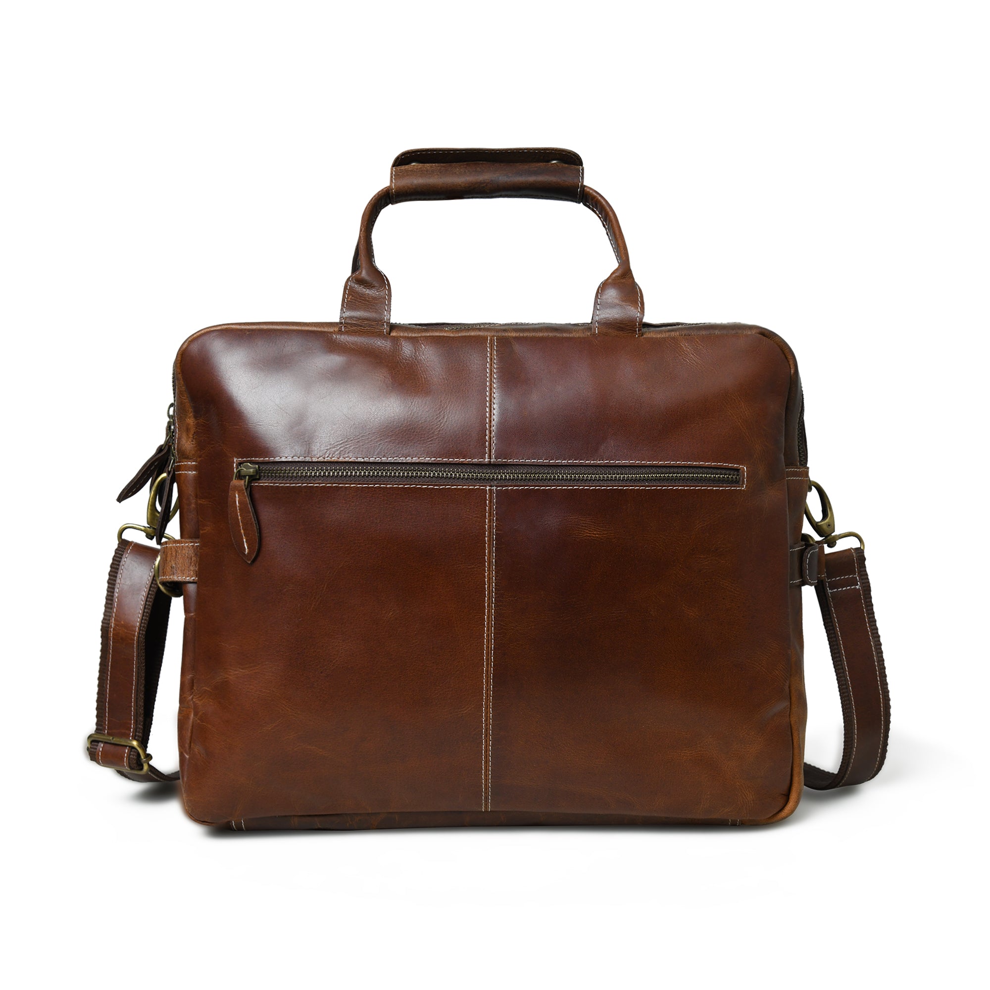 Dark Brown Leather Flap Briefcase with Front Pocket