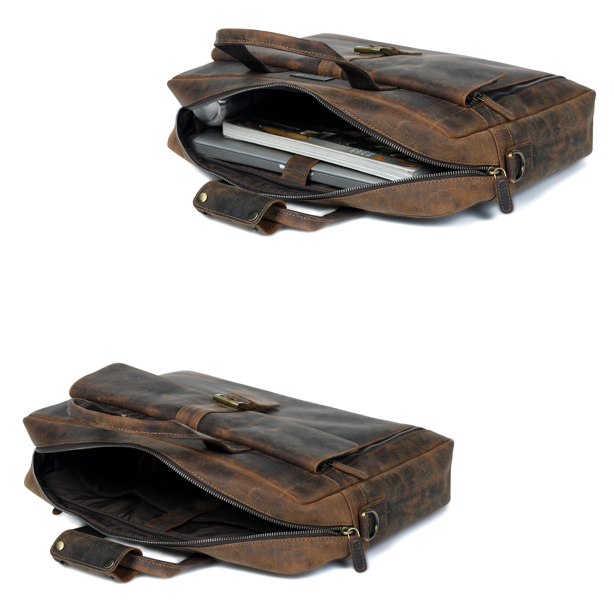 Distressed Dark Brown Leather Flap Briefcase