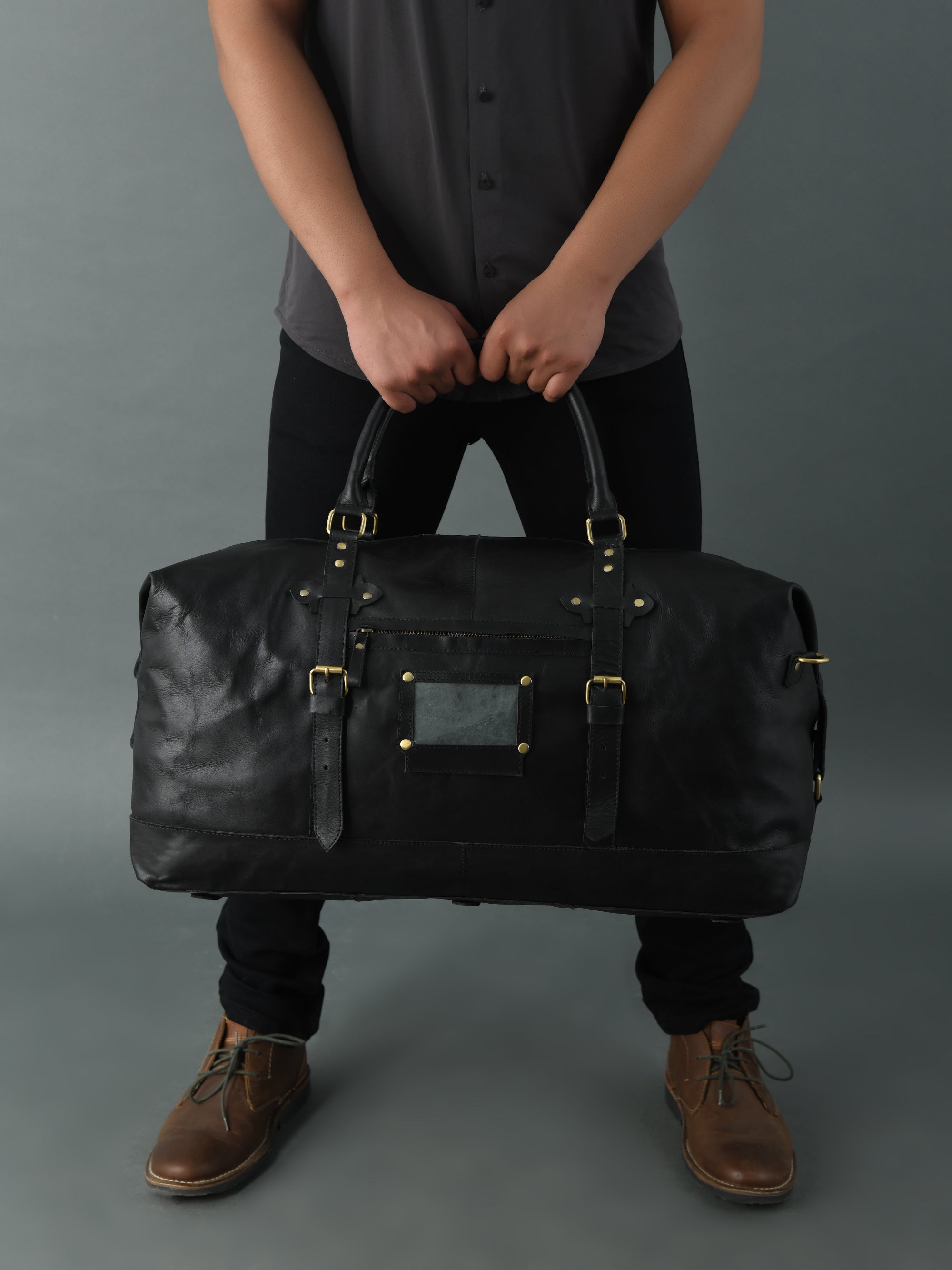 Classic Black Leather Side-Pocket Travel Duffel Bag