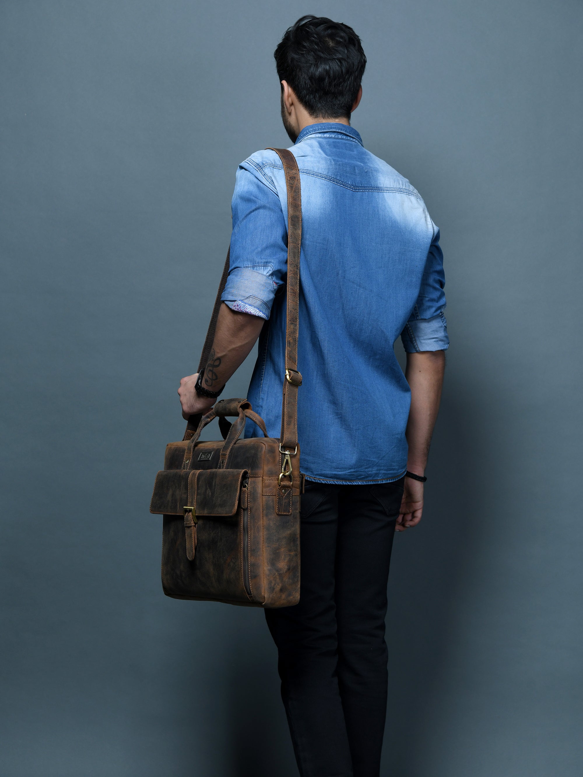 Distressed Dark Brown Leather Flap Briefcase