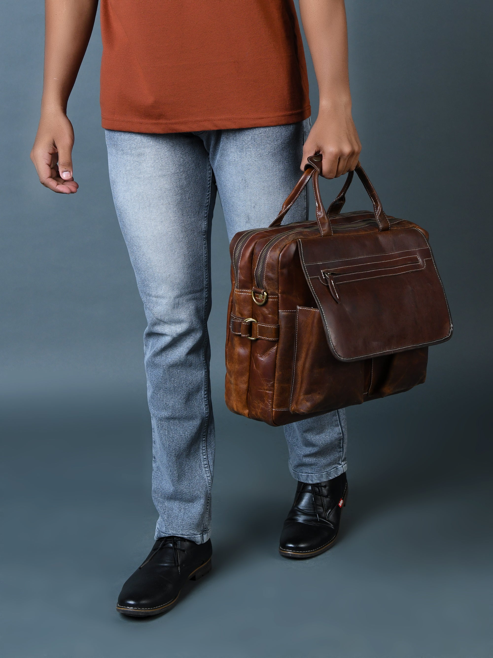 Dark Brown Leather Flap Briefcase with Front Pocket