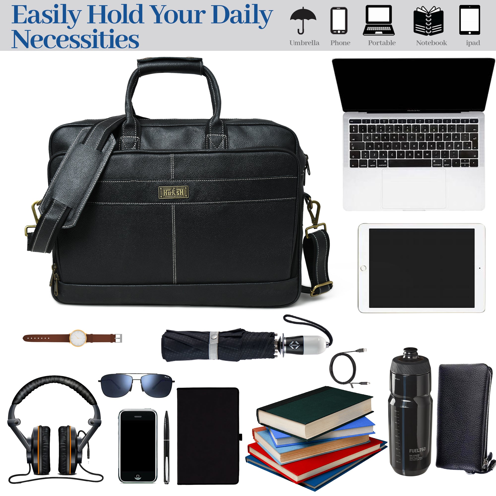 Stylish Black Grain Leather Briefcase