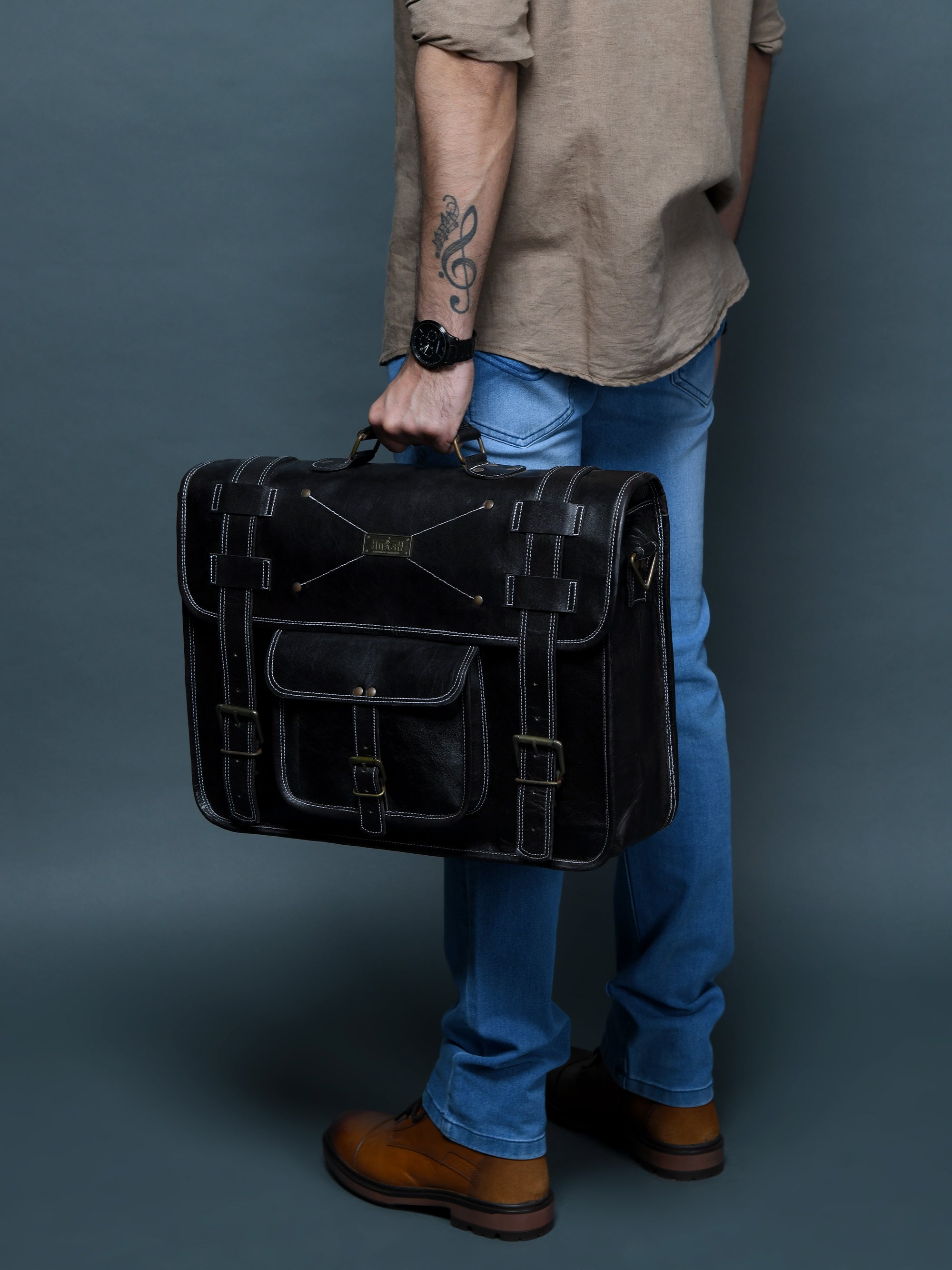 Vintage FDM Black Leather Messenger Bag