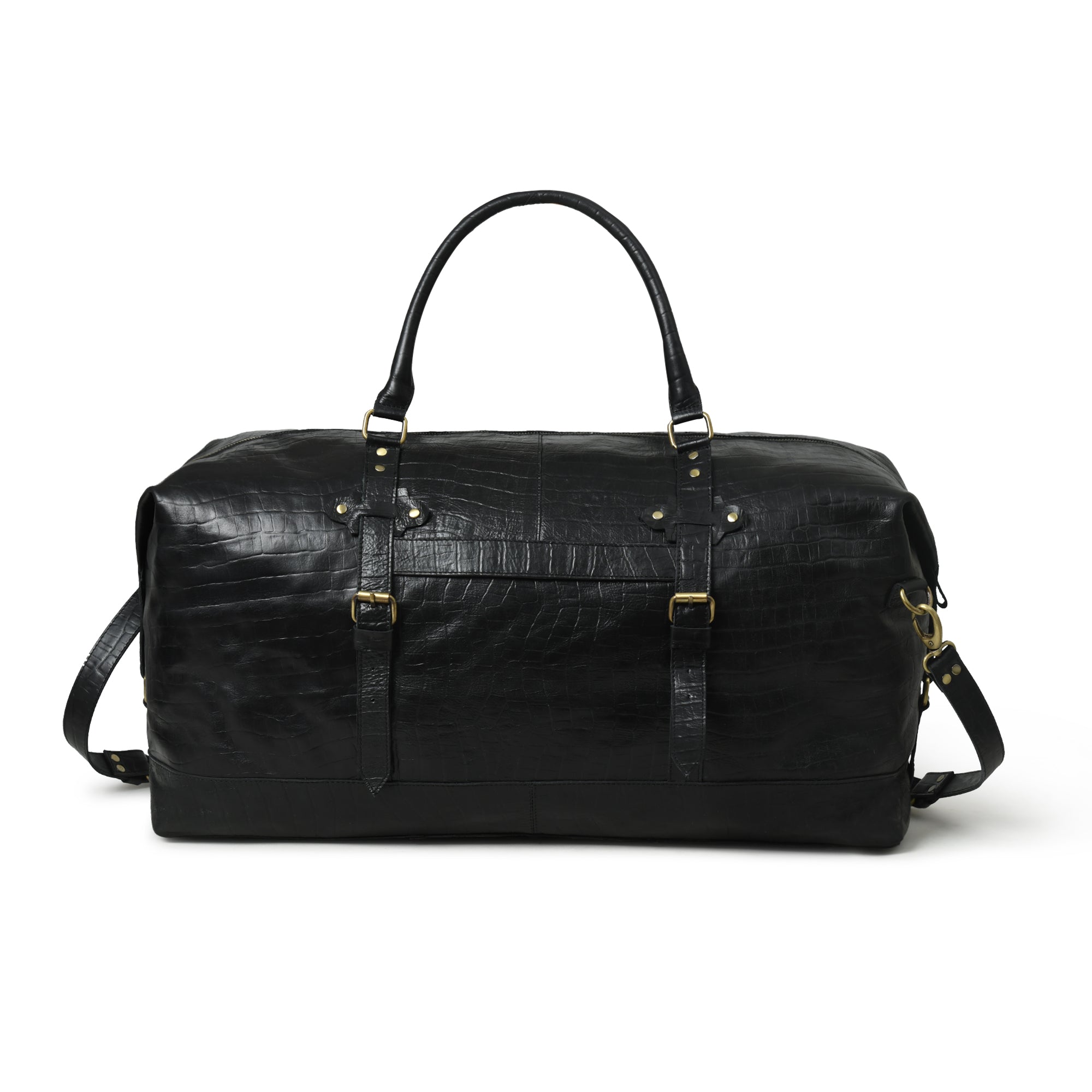 Luxury Black Croc-Embossed Leather Travel Duffel Bag