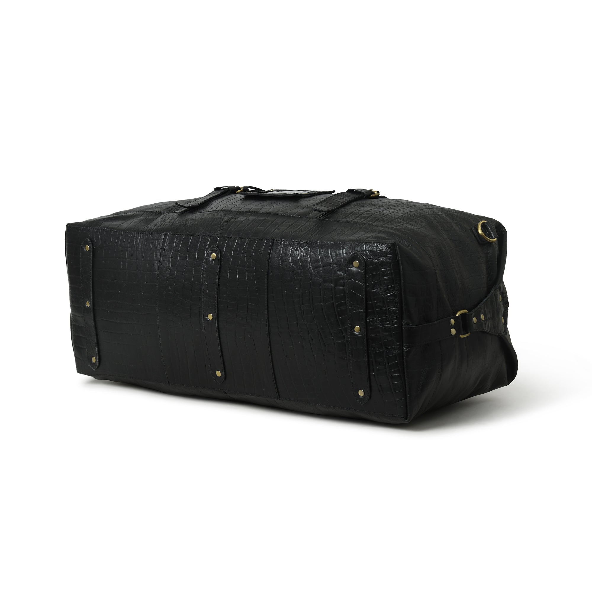 Luxury Black Croc-Embossed Leather Travel Duffel Bag