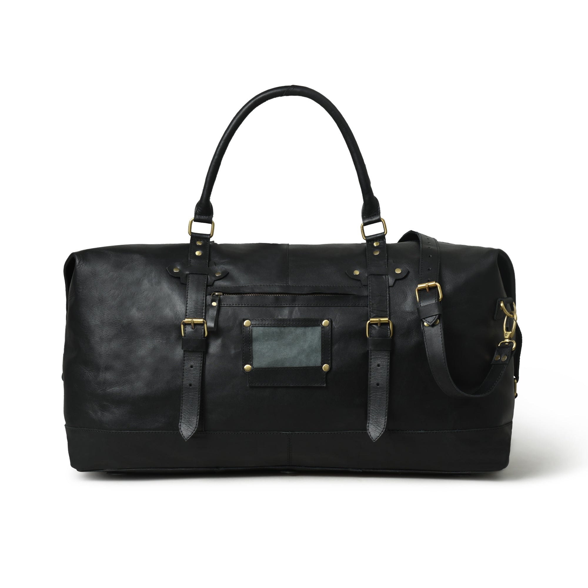 Classic Black Leather Side-Pocket Travel Duffel Bag