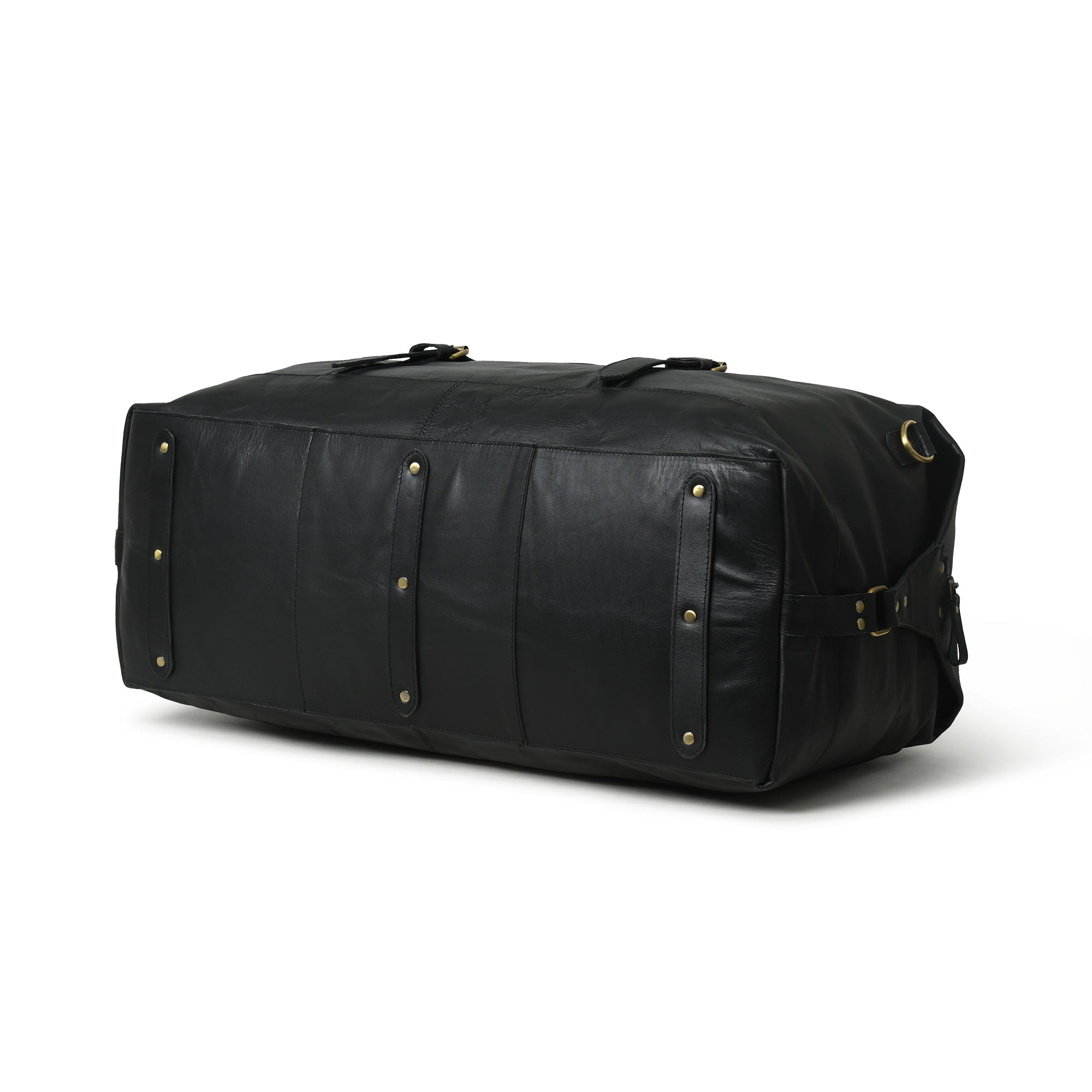 Classic Black Leather Side-Pocket Travel Duffel Bag