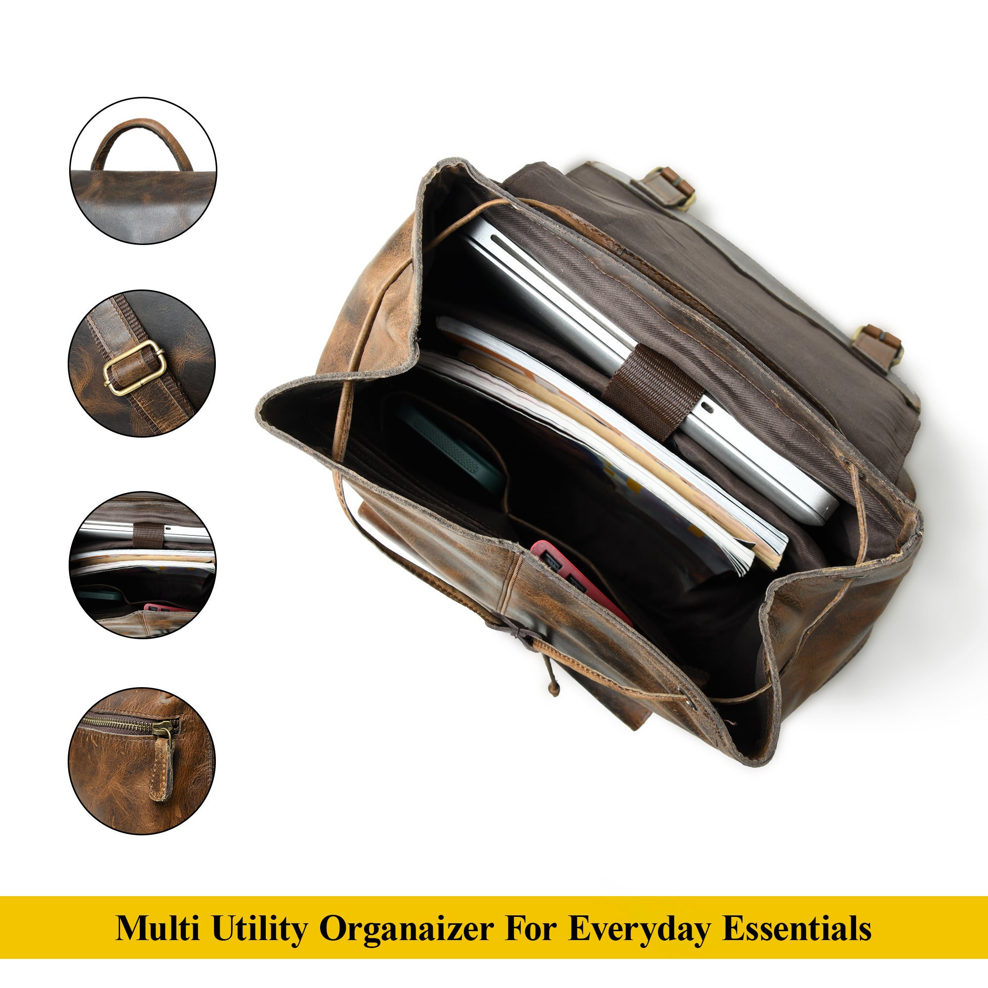 Vintage Brown Leather Roll Top Backpack