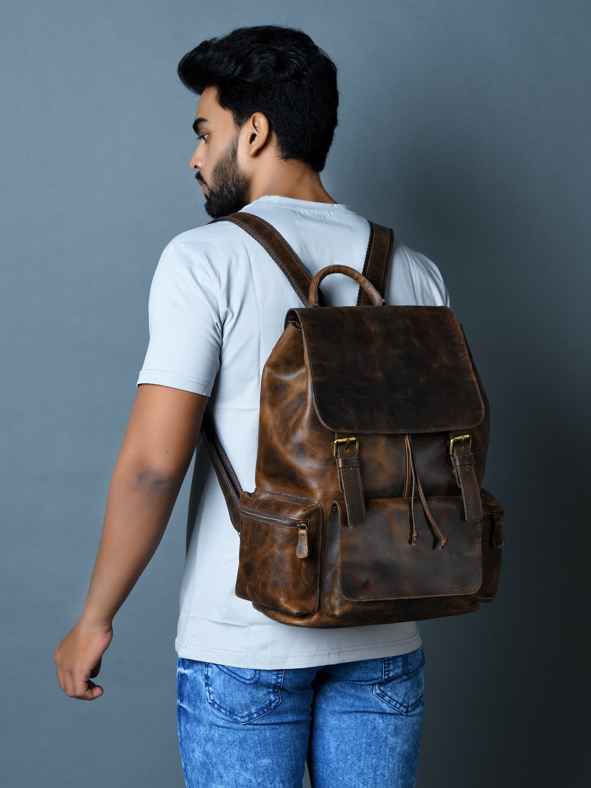 Vintage Brown Leather Roll Top Backpack
