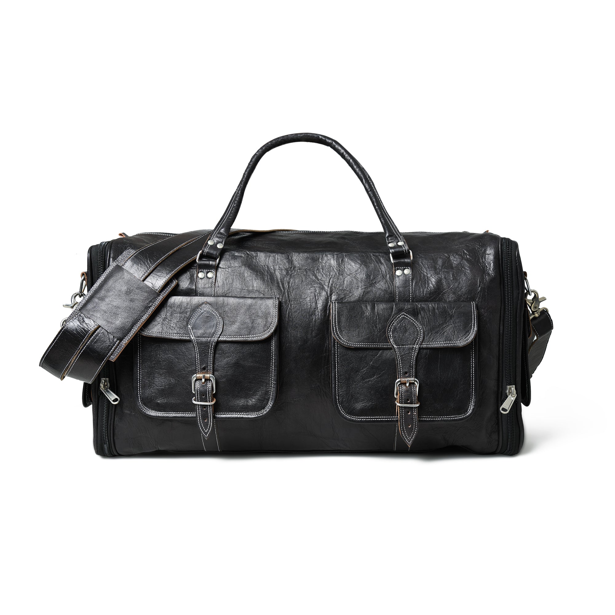 Versatile Black Expandable Leather Travel Duffel Bag