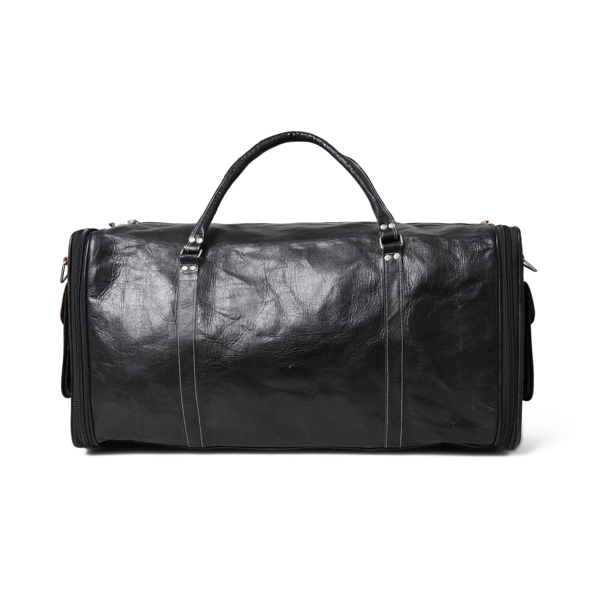 Versatile Black Expandable Leather Travel Duffel Bag