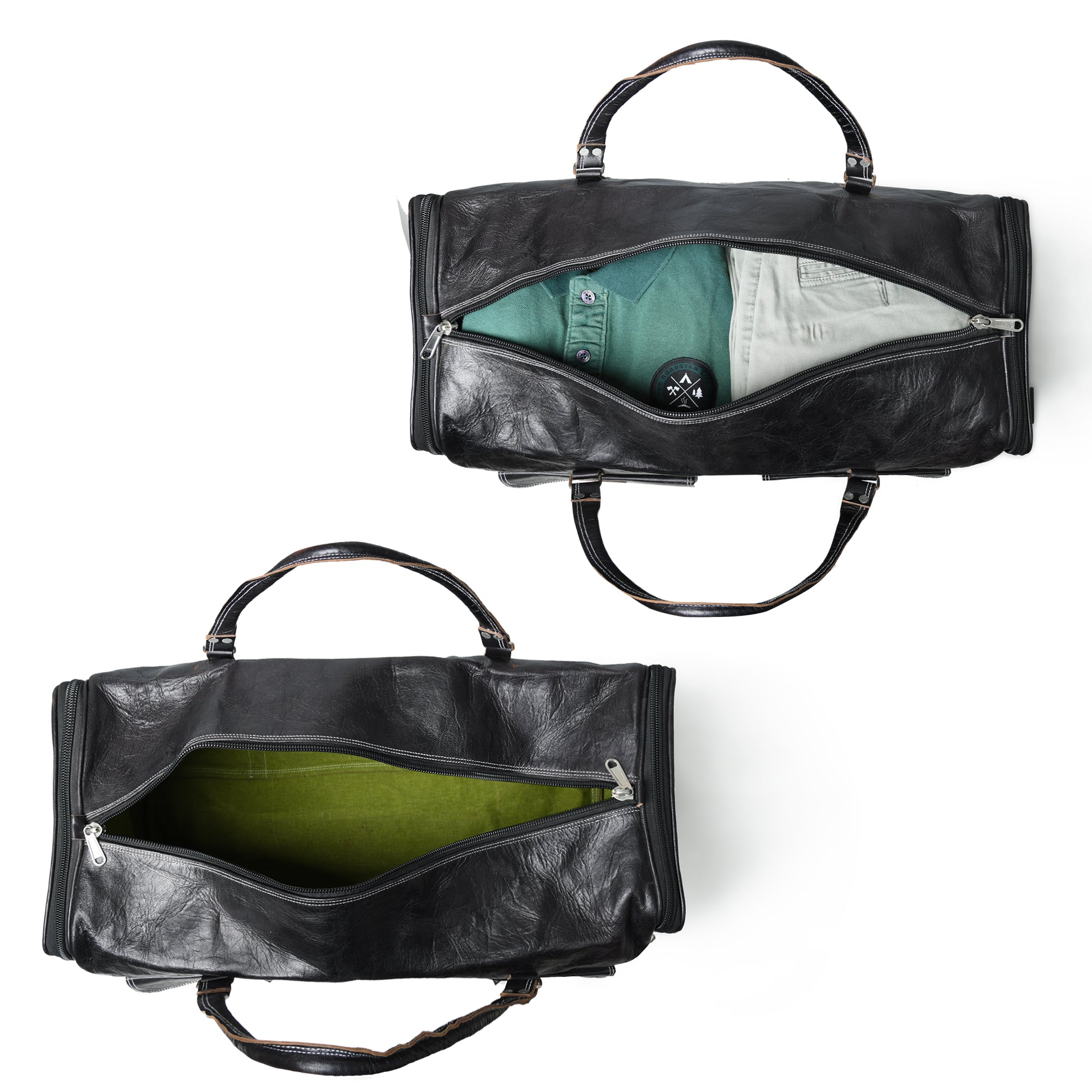 Versatile Black Expandable Leather Travel Duffel Bag