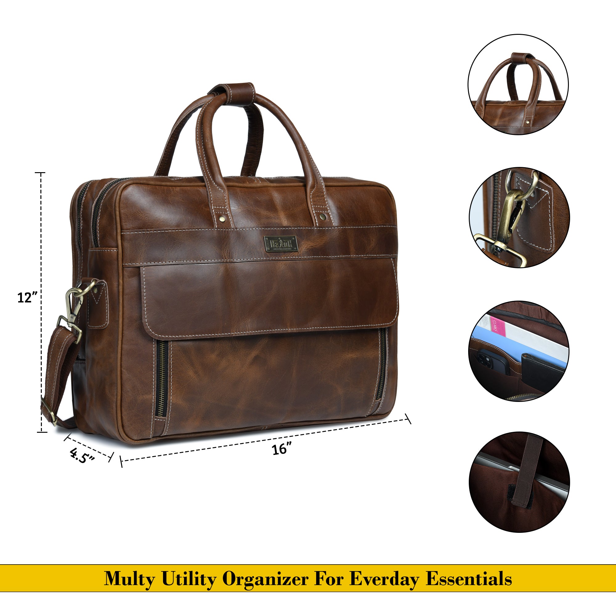 Elegant Dark Brown Leather Flap Briefcase