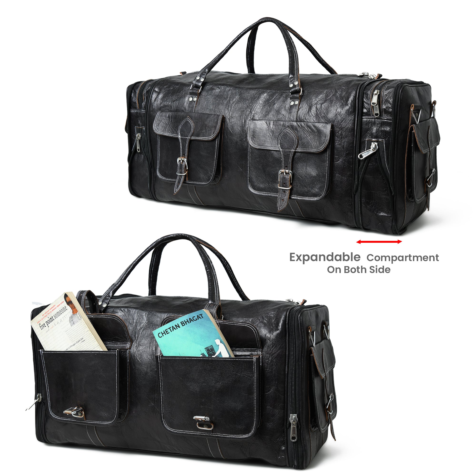 Versatile Black Expandable Leather Travel Duffel Bag