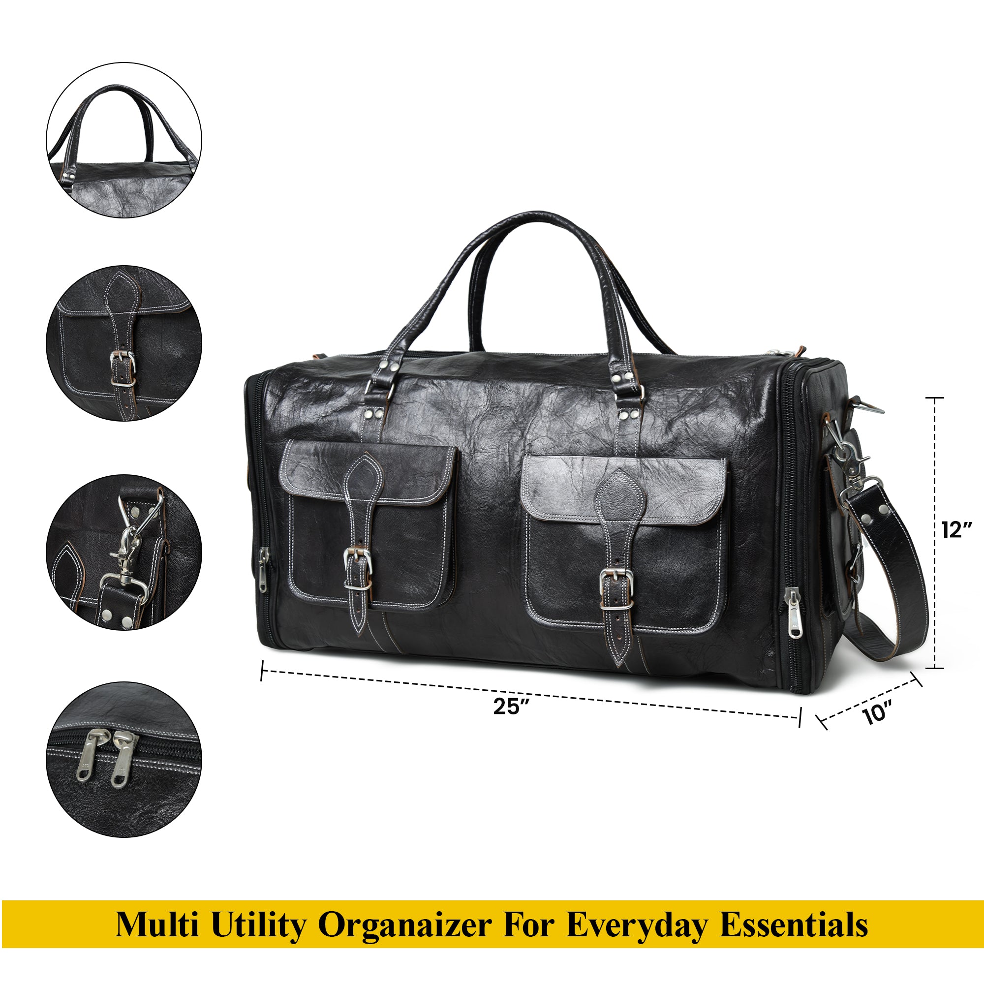 Versatile Black Expandable Leather Travel Duffel Bag