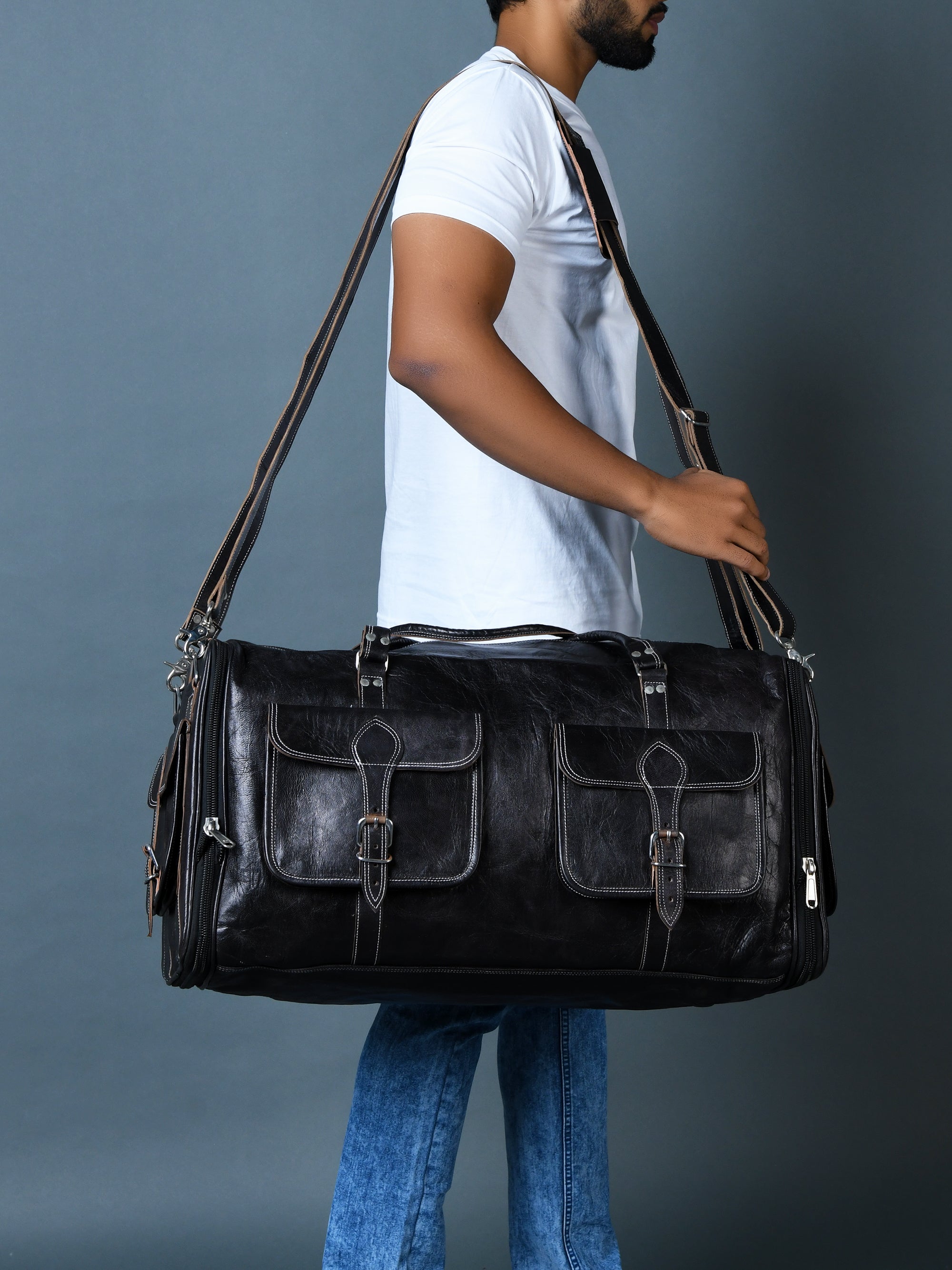 Versatile Black Expandable Leather Travel Duffel Bag