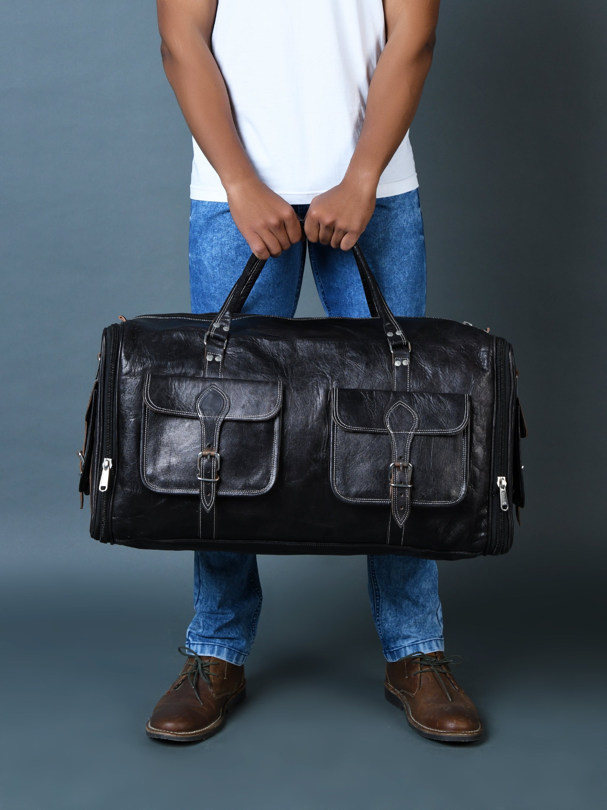 Versatile Black Expandable Leather Travel Duffel Bag