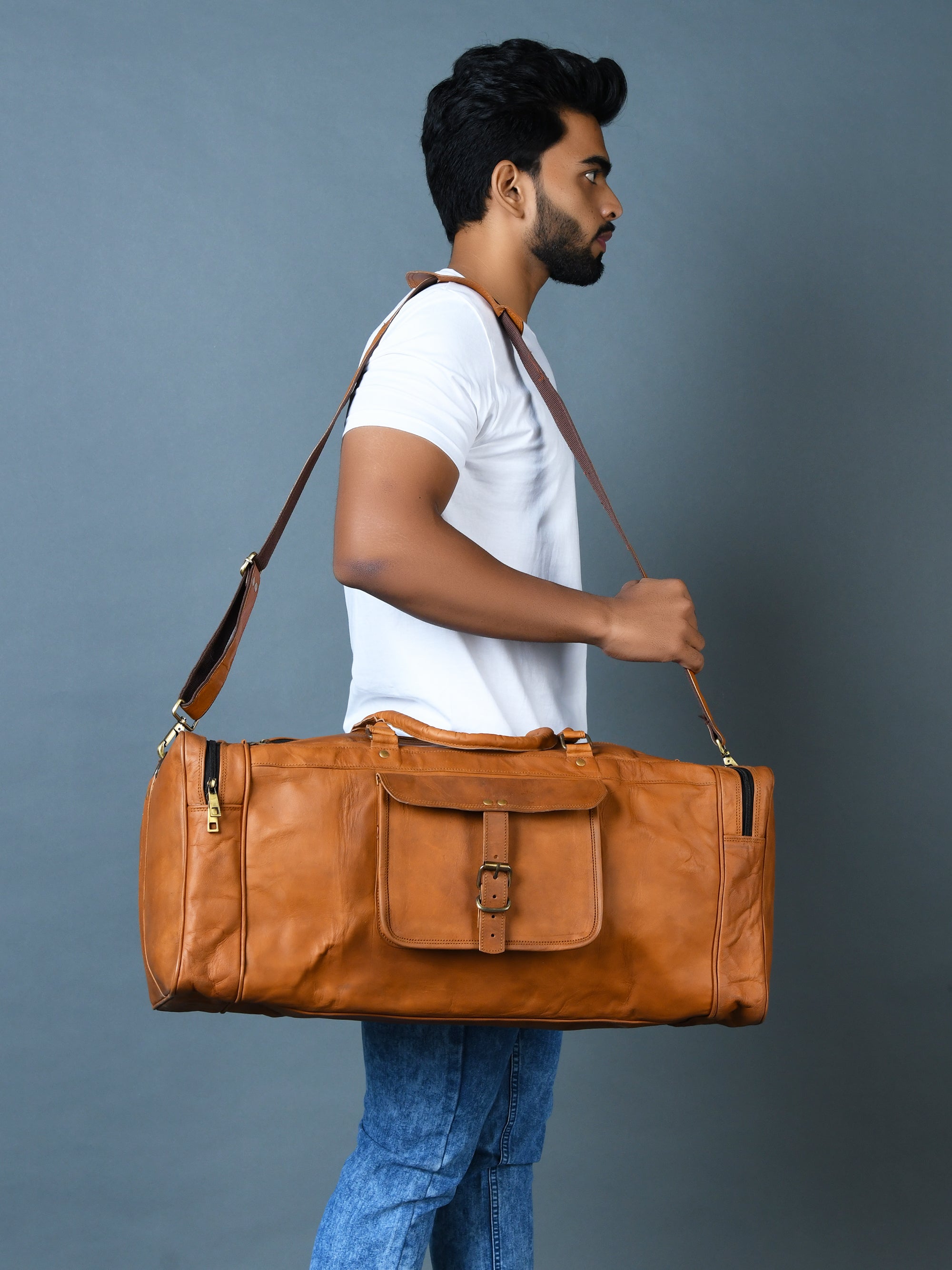Heritage Dark Brown Leather Buckle-Strap Travel Duffel Bag