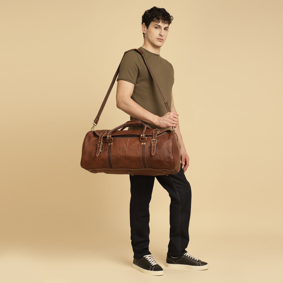 Rugged Leather Multi-Pocket Travel Duffel Bag